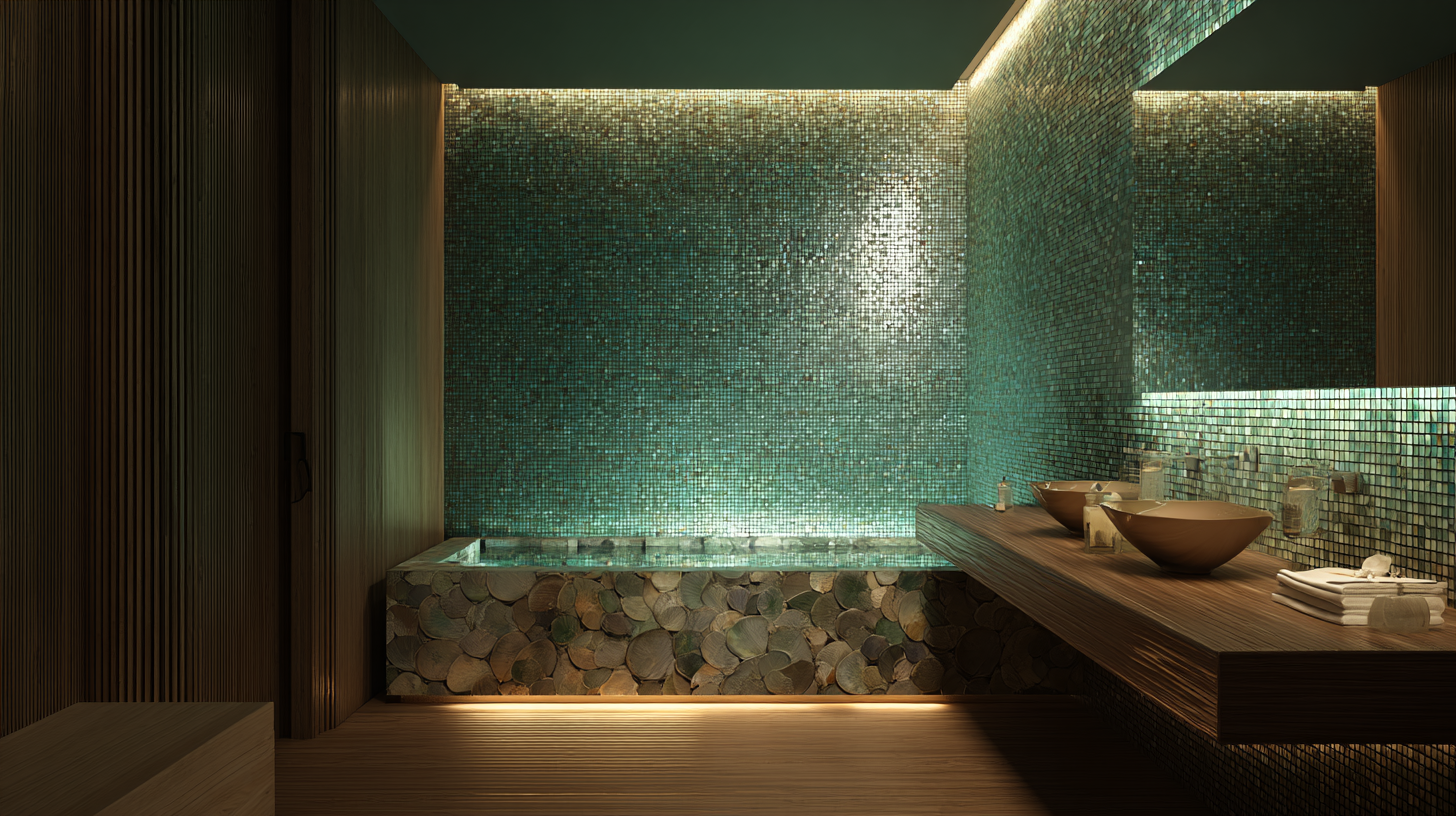 Łazienka w stylu spa z płytkami Bioglass Glow, delikatne zielonkawe światło przy zgaszonym oświetleniu